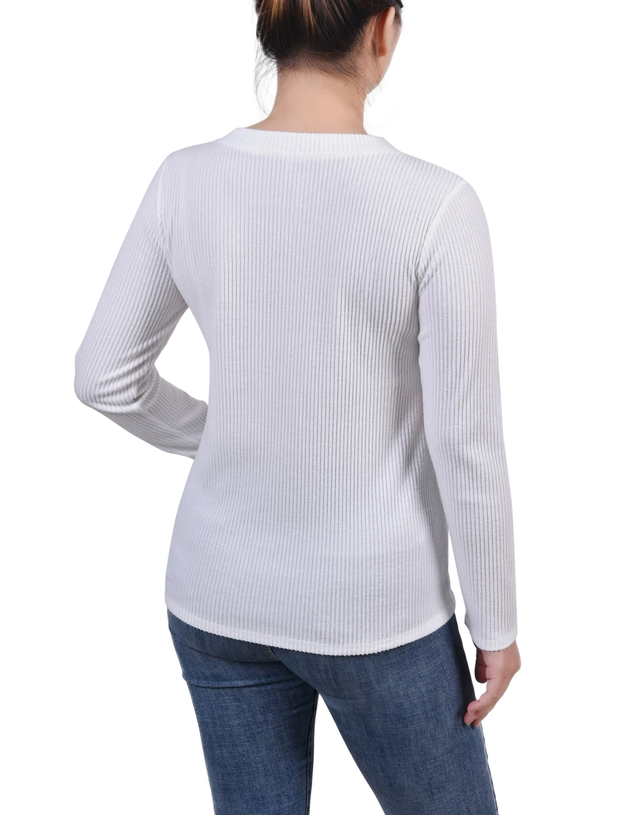 Petite Long Sleeve Ribbed Button Detail Top