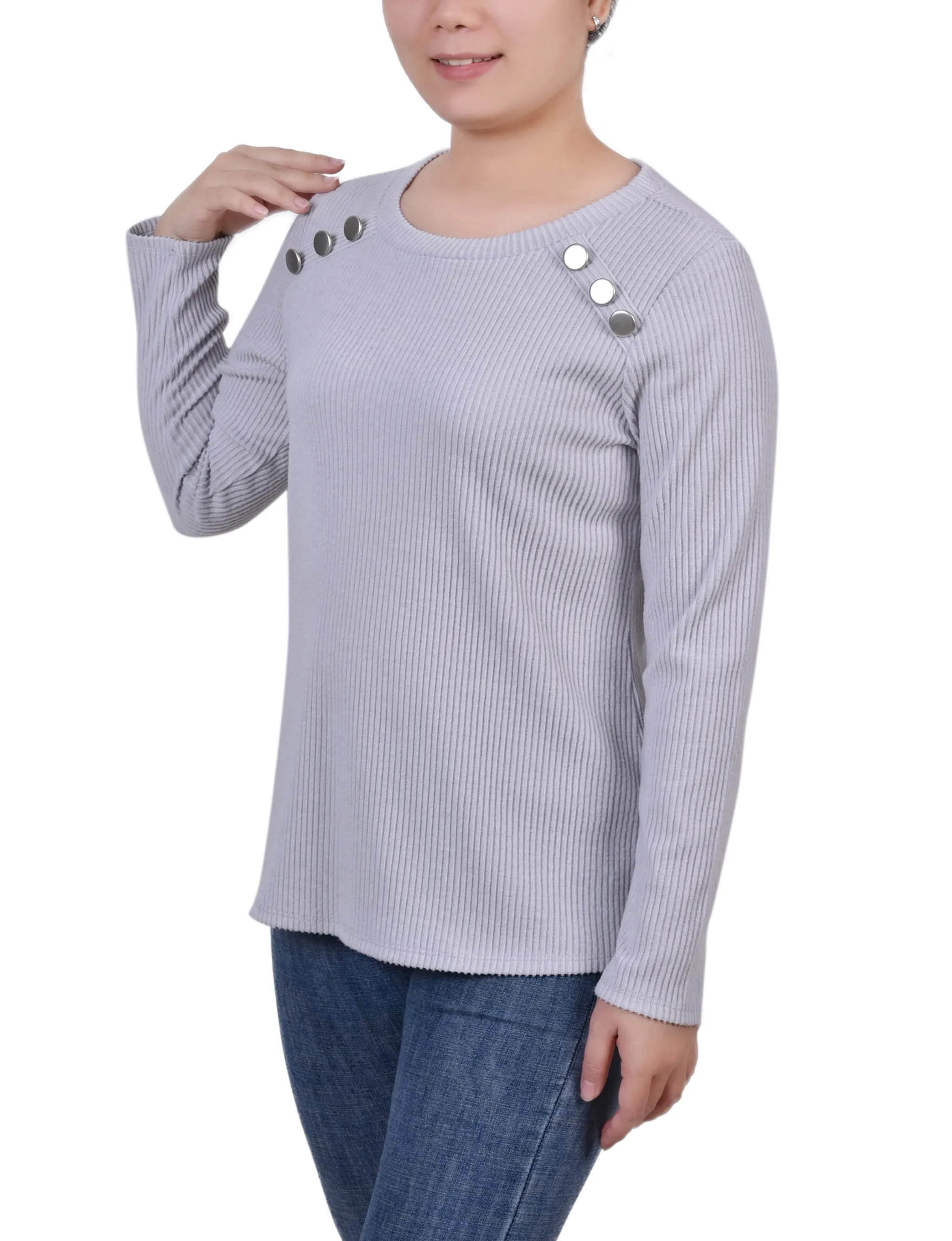 Petite Long Sleeve Ribbed Button Detail Top