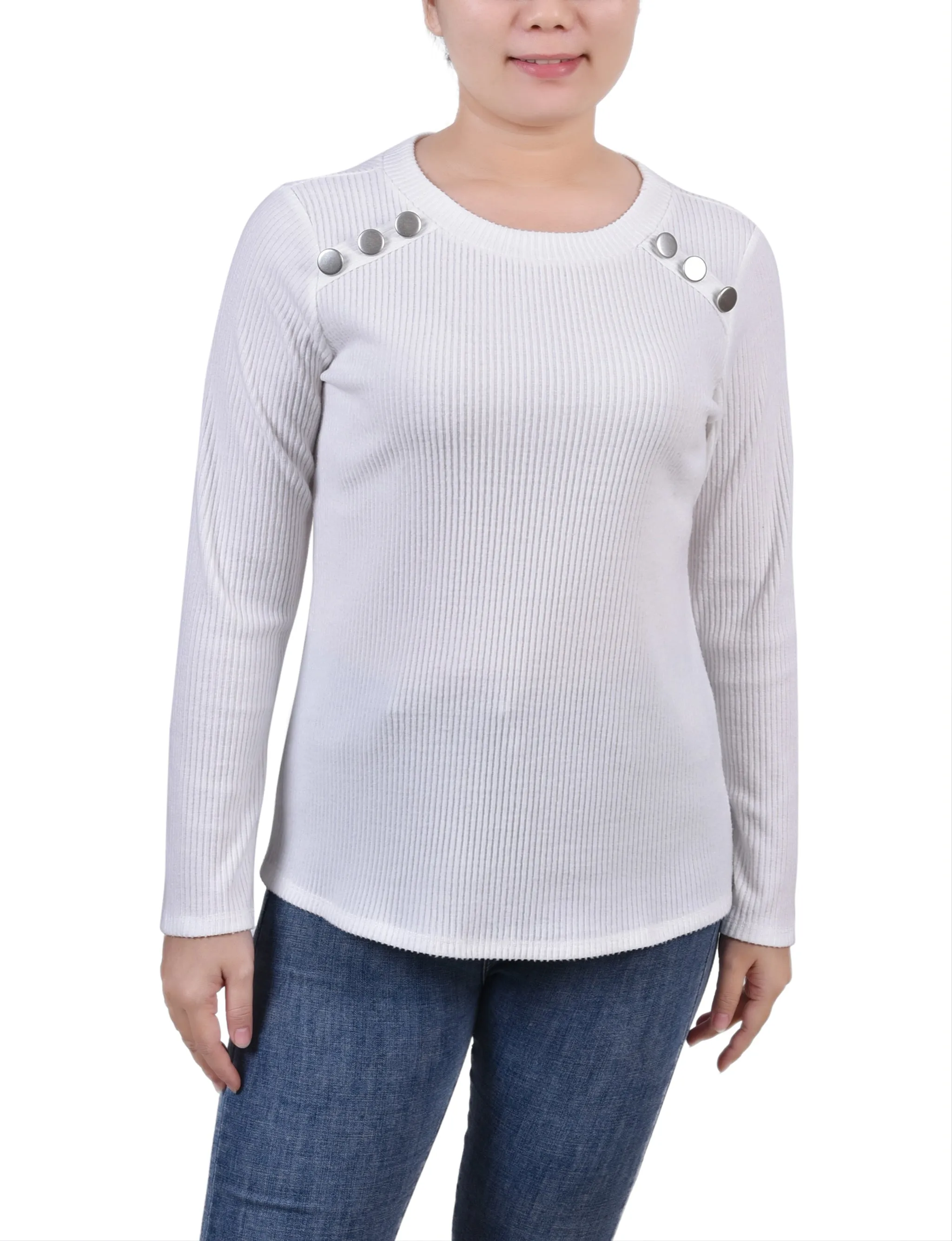 Petite Long Sleeve Ribbed Button Detail Top