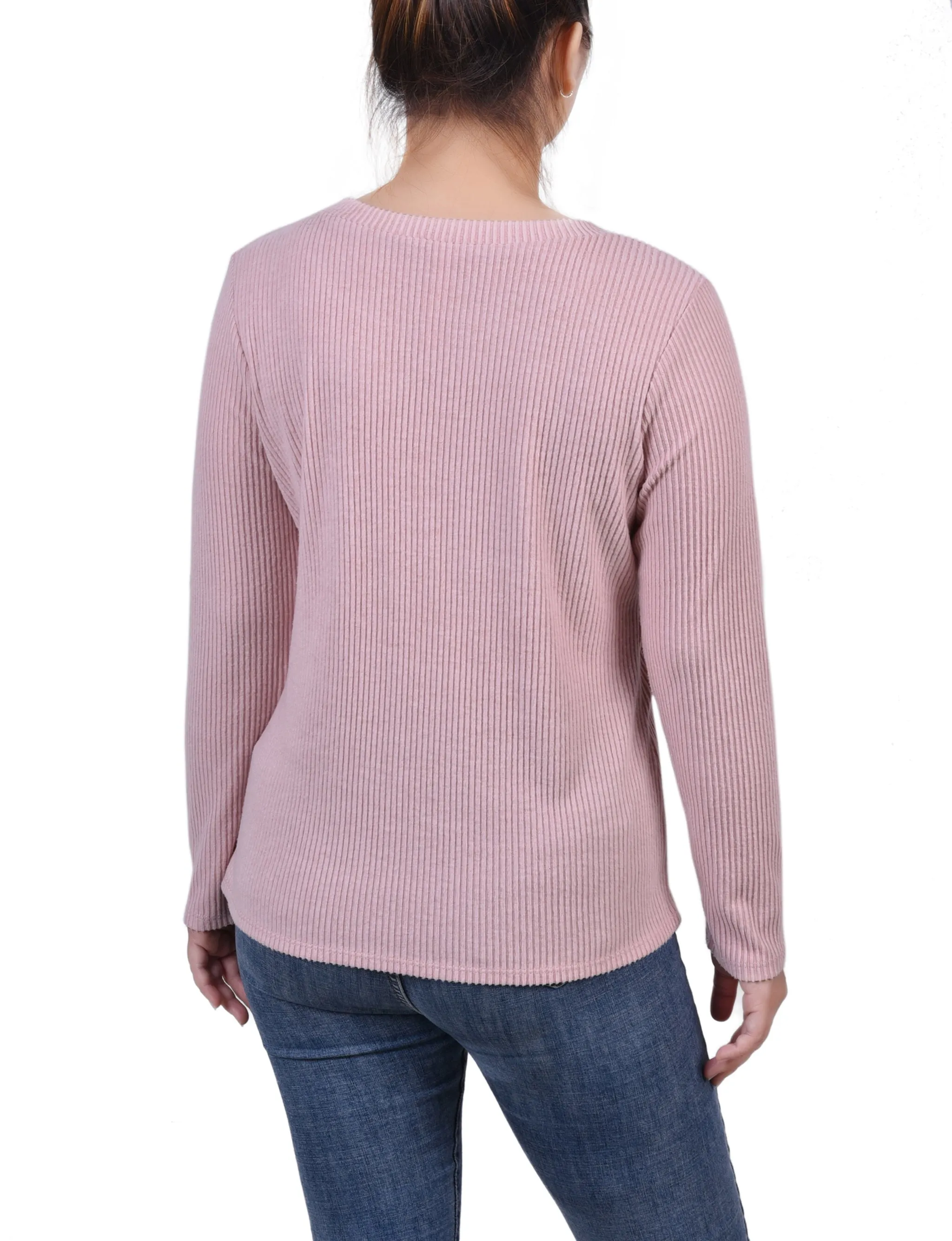 Petite Long Sleeve Ribbed Button Detail Top