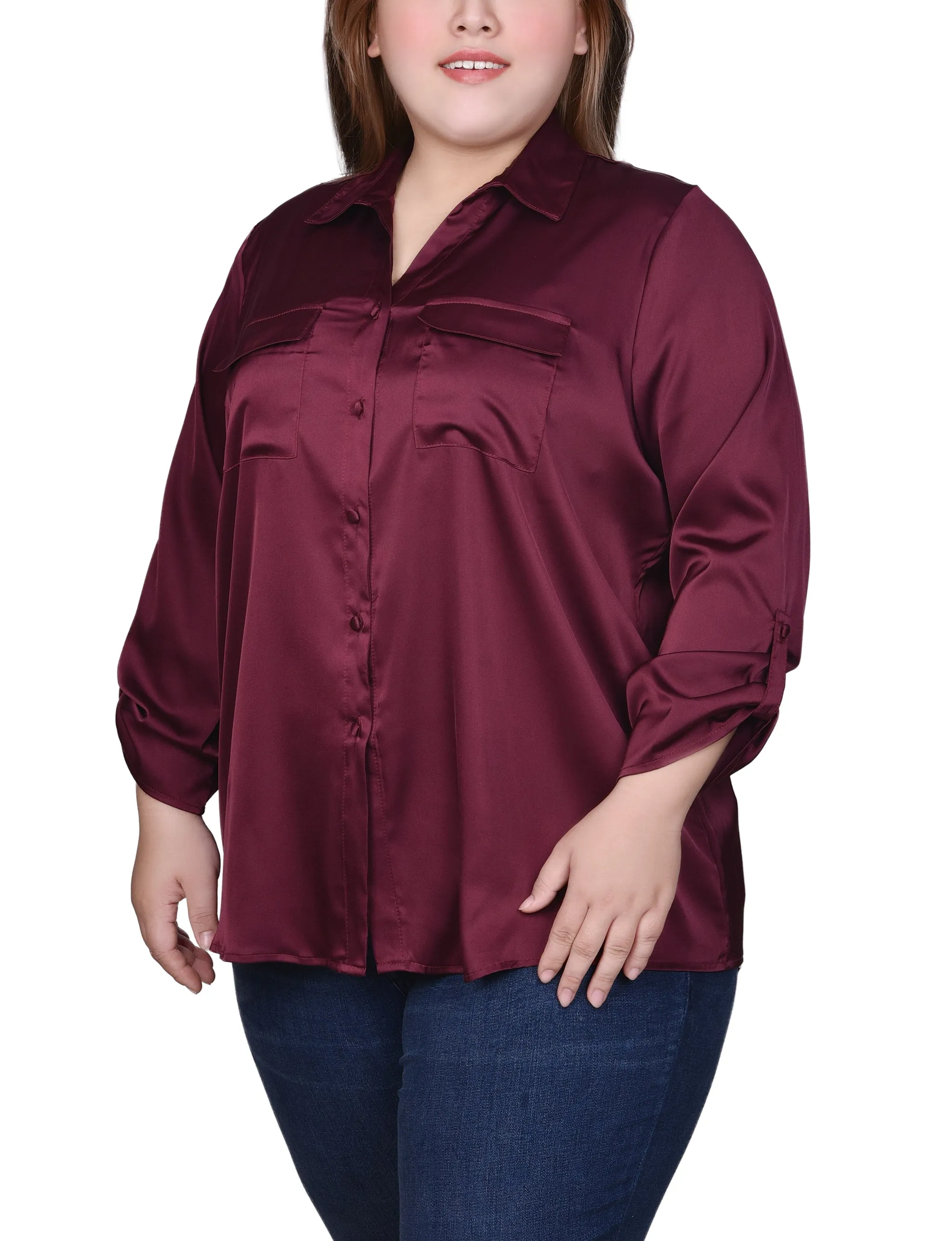 Plus Size 3/4 Sleeve Roll Tab Satin Blouse