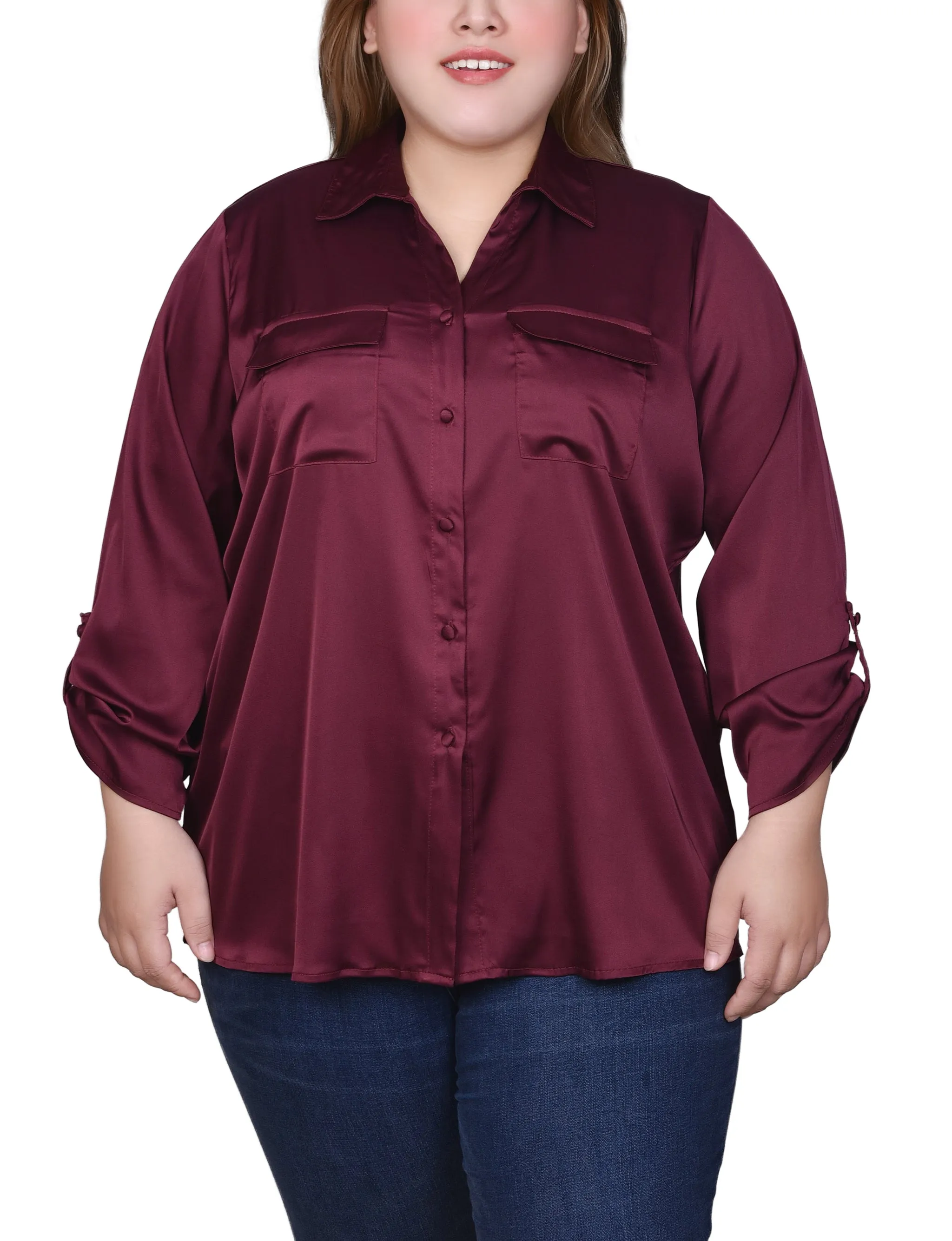 Plus Size 3/4 Sleeve Roll Tab Satin Blouse