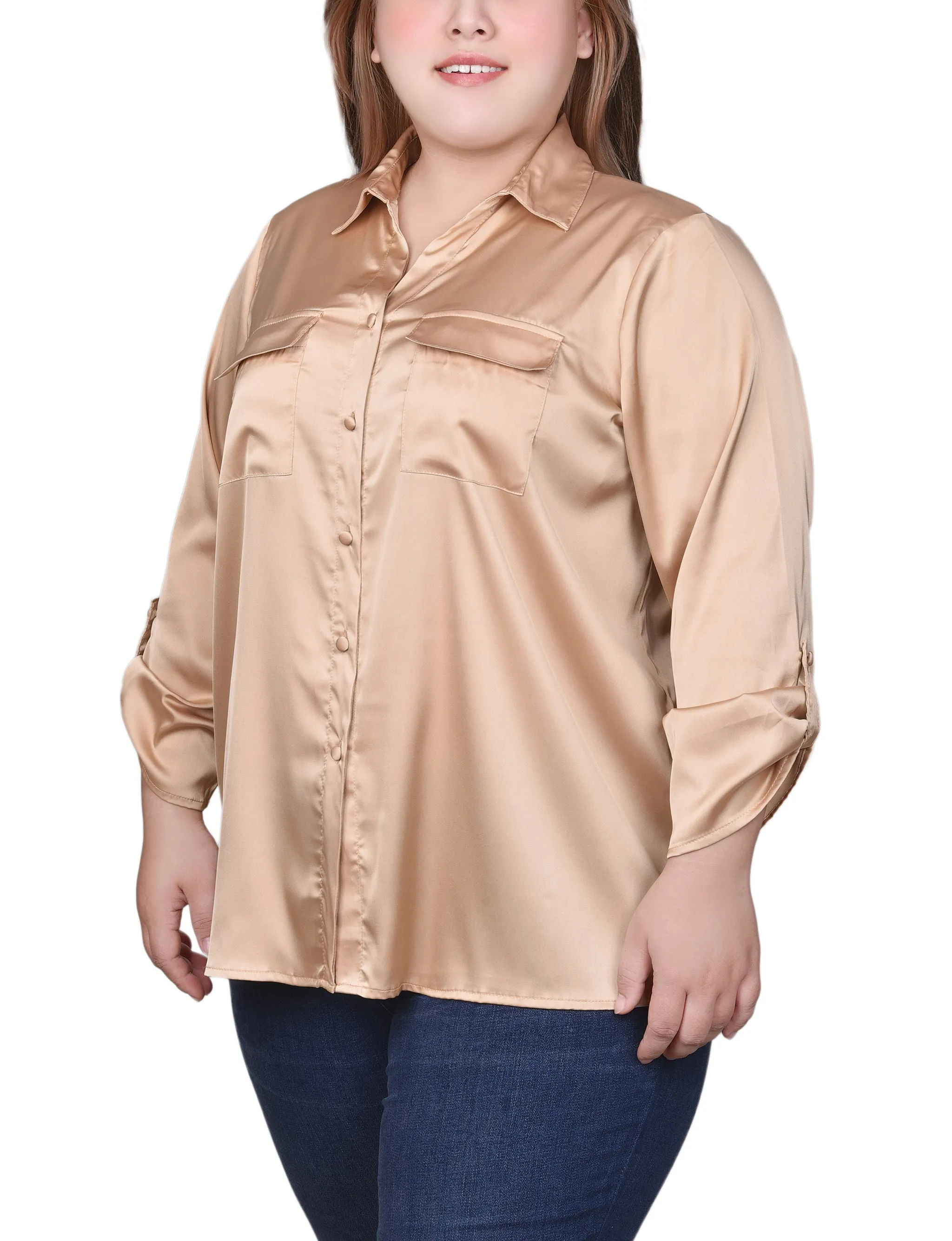 Plus Size 3/4 Sleeve Roll Tab Satin Blouse