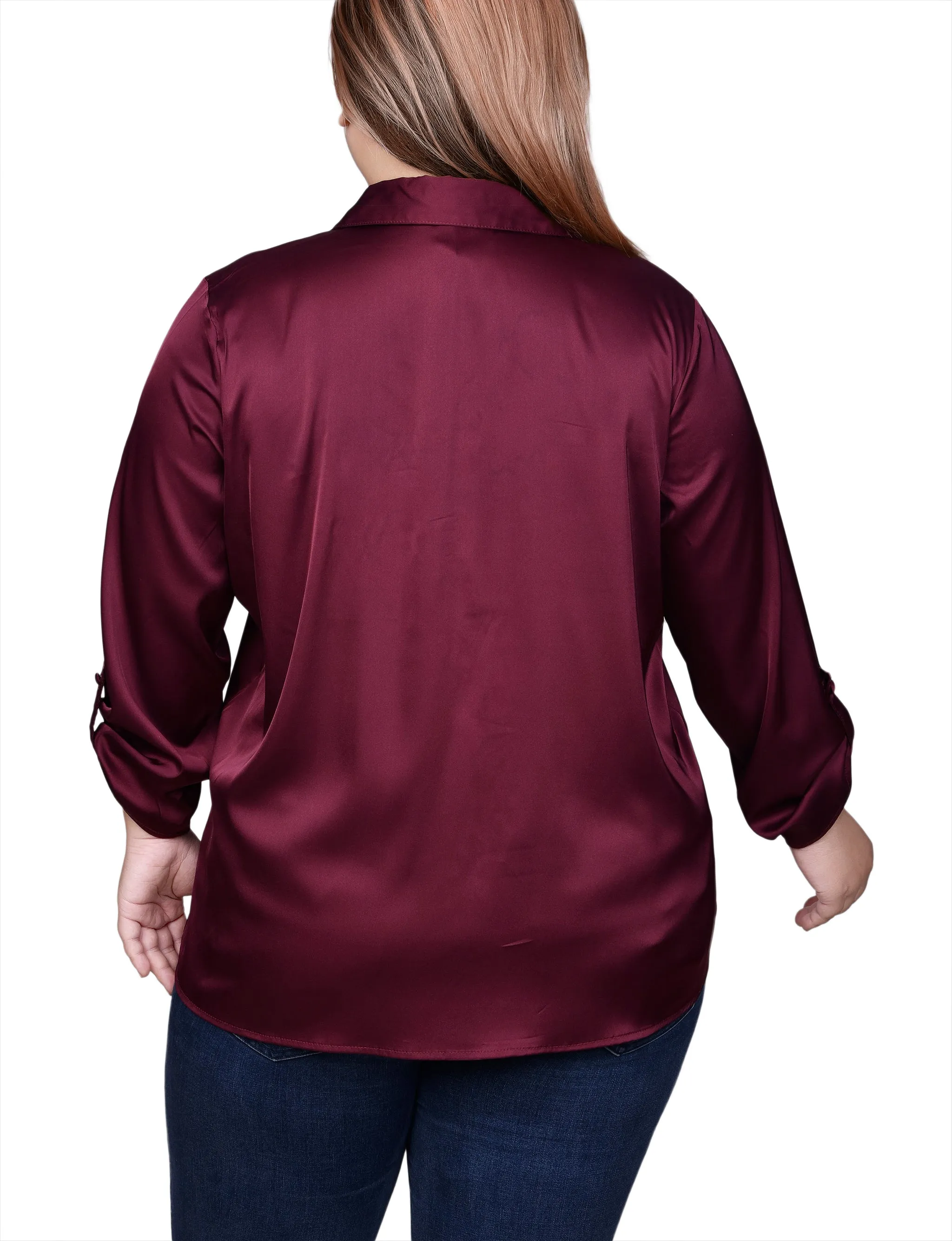 Plus Size 3/4 Sleeve Roll Tab Satin Blouse