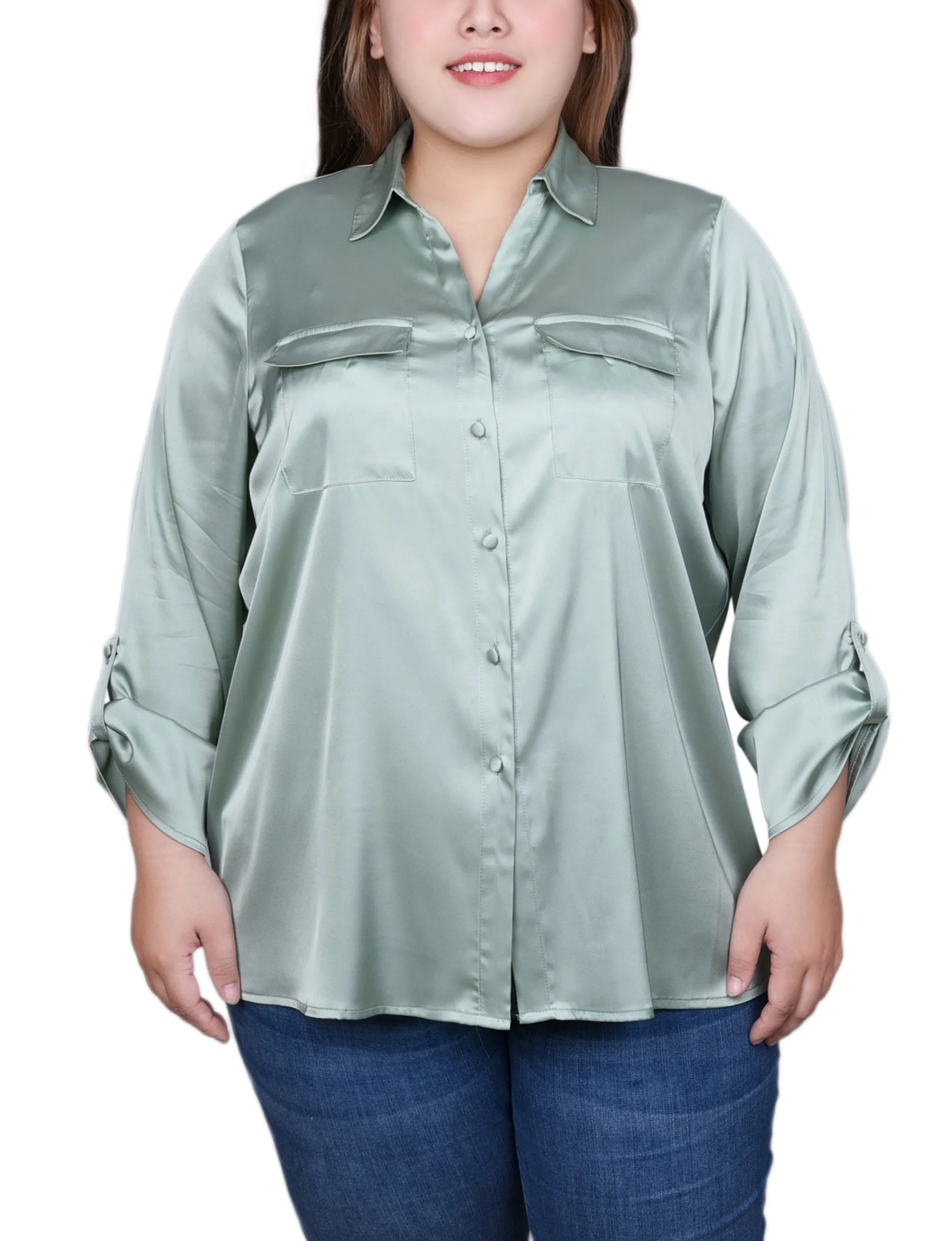 Plus Size 3/4 Sleeve Roll Tab Satin Blouse