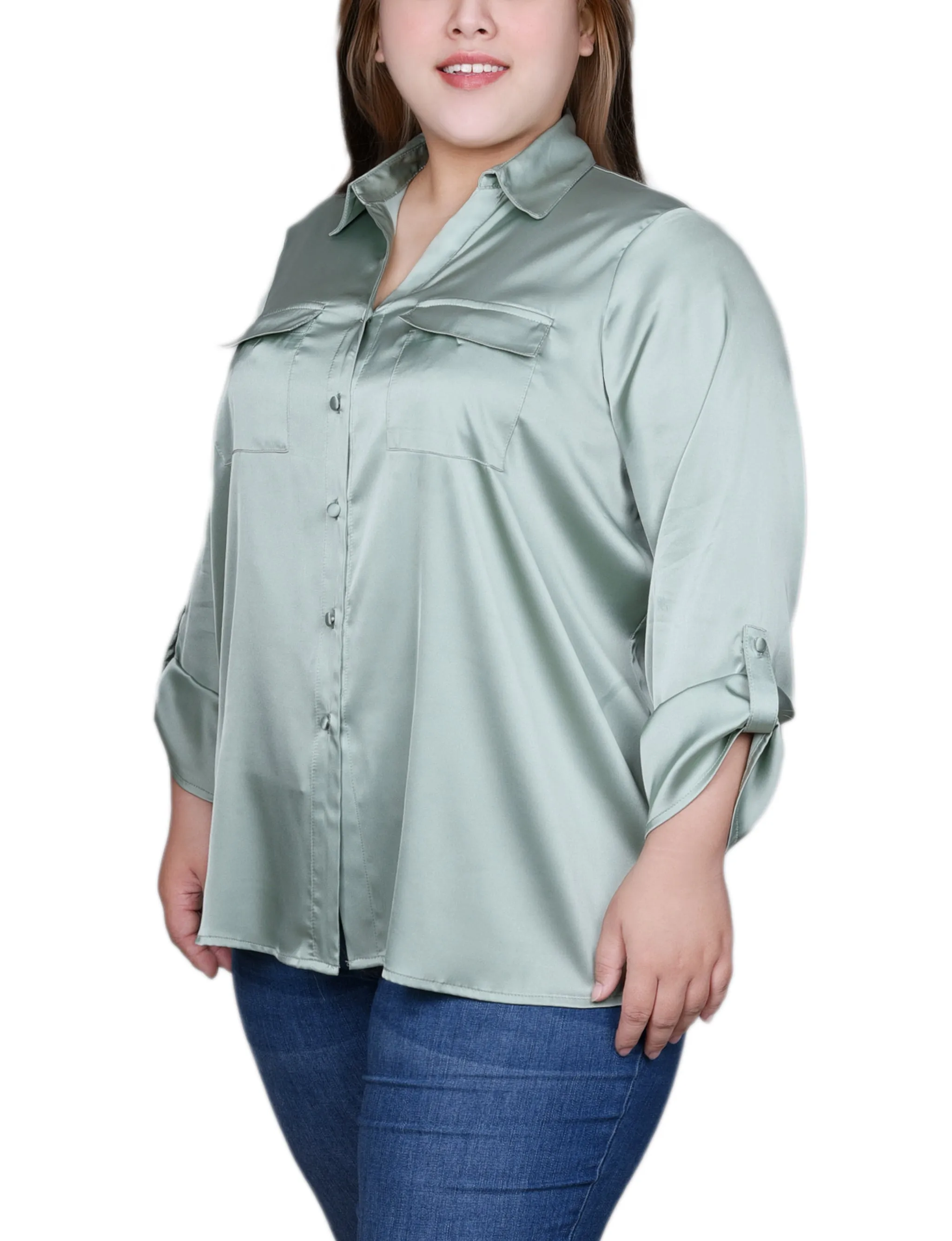 Plus Size 3/4 Sleeve Roll Tab Satin Blouse