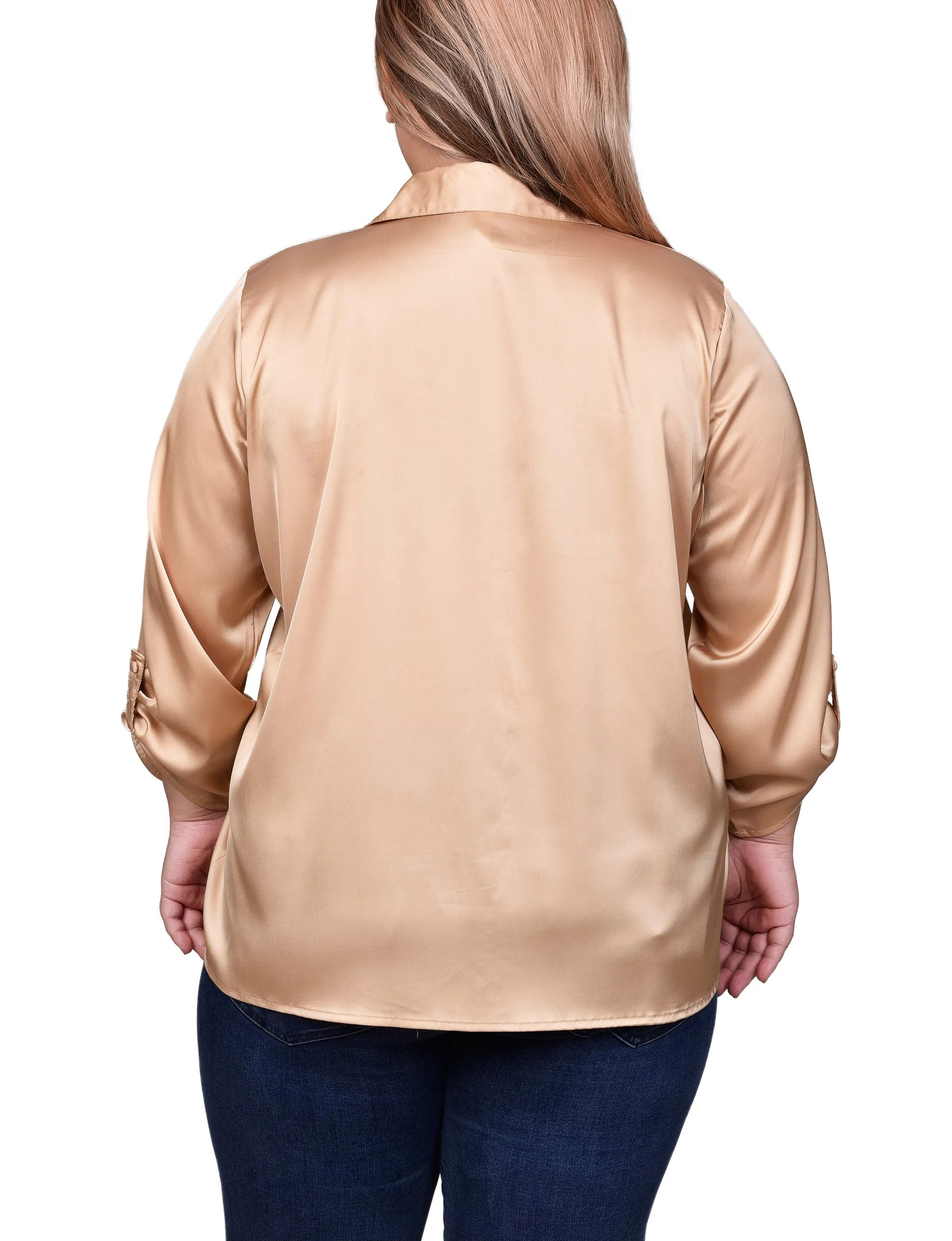 Plus Size 3/4 Sleeve Roll Tab Satin Blouse