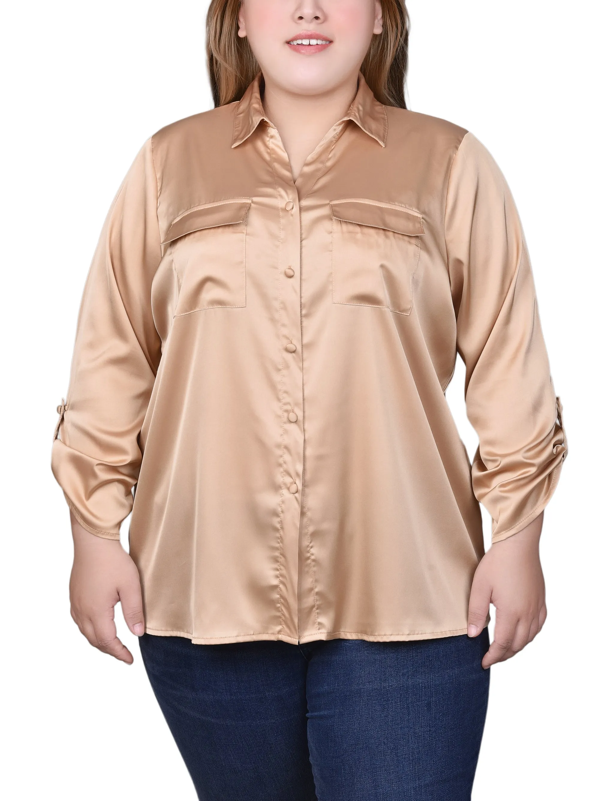 Plus Size 3/4 Sleeve Roll Tab Satin Blouse