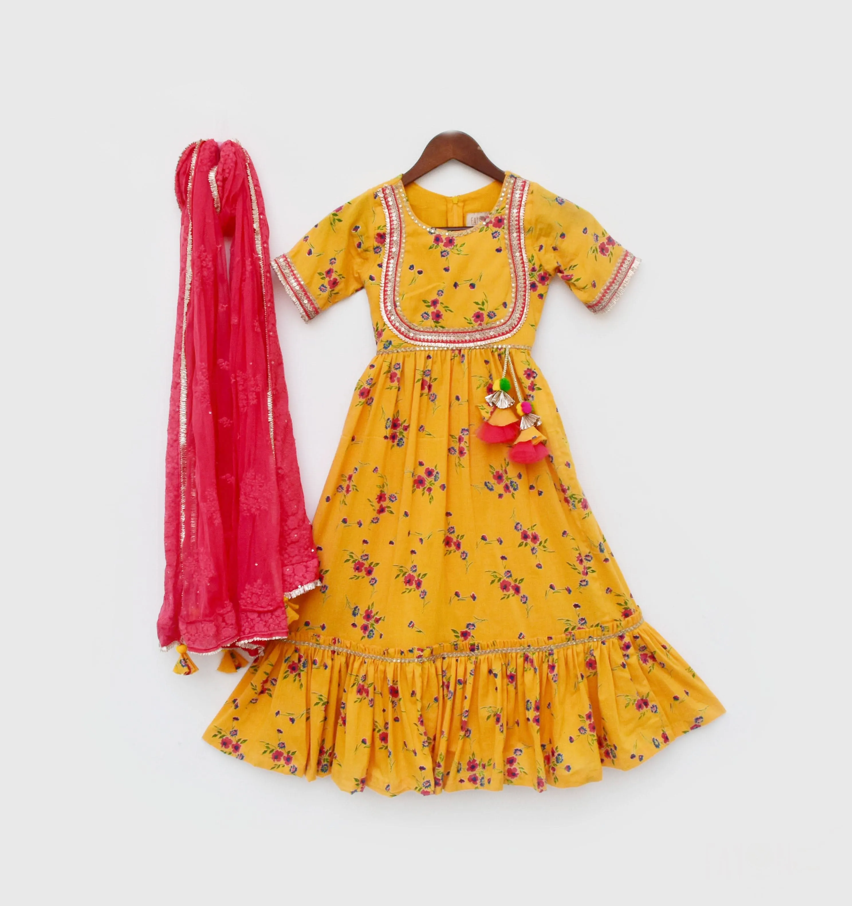 Pre Order: Yellow Print Anarkali and Chiffon Dupatta