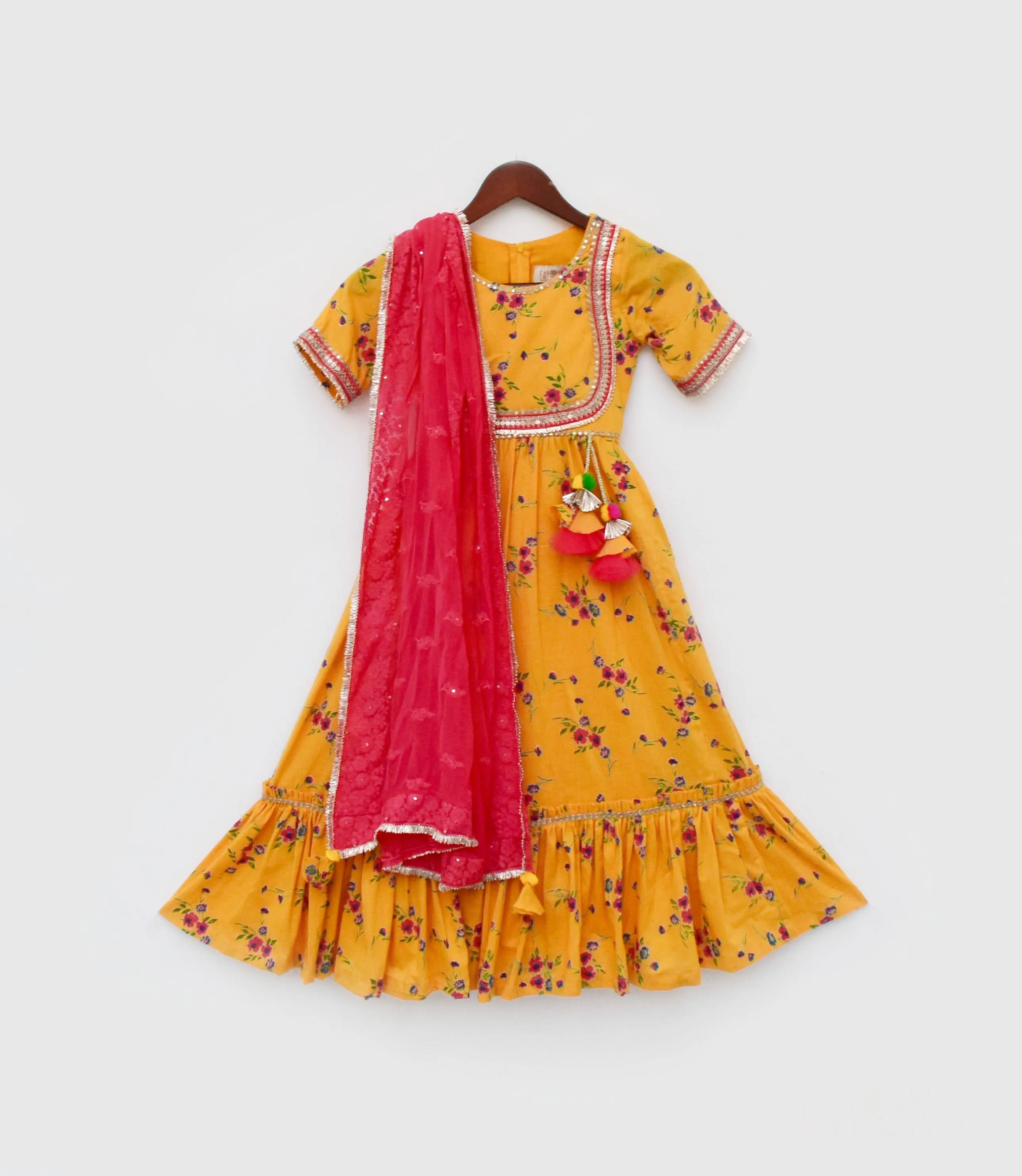 Pre Order: Yellow Print Anarkali and Chiffon Dupatta