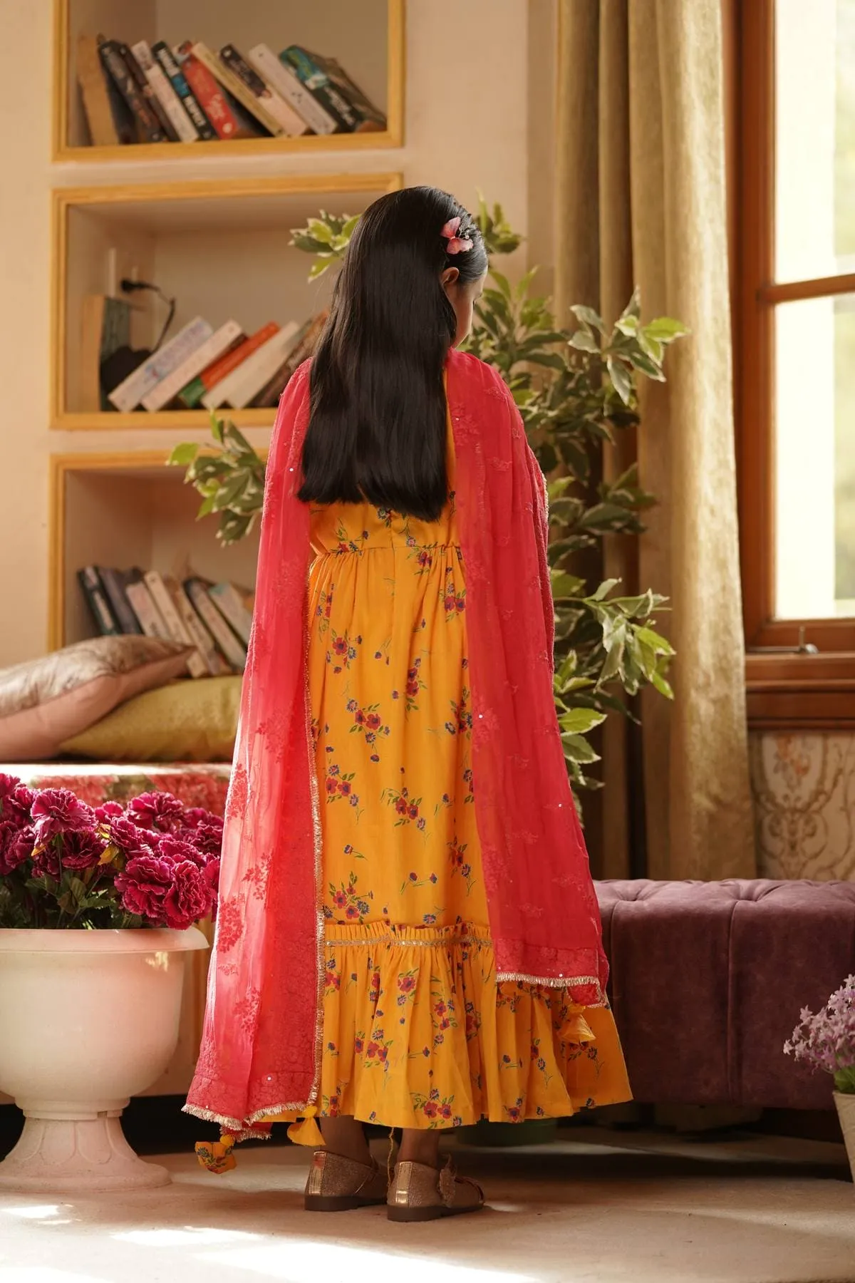 Pre Order: Yellow Print Anarkali and Chiffon Dupatta