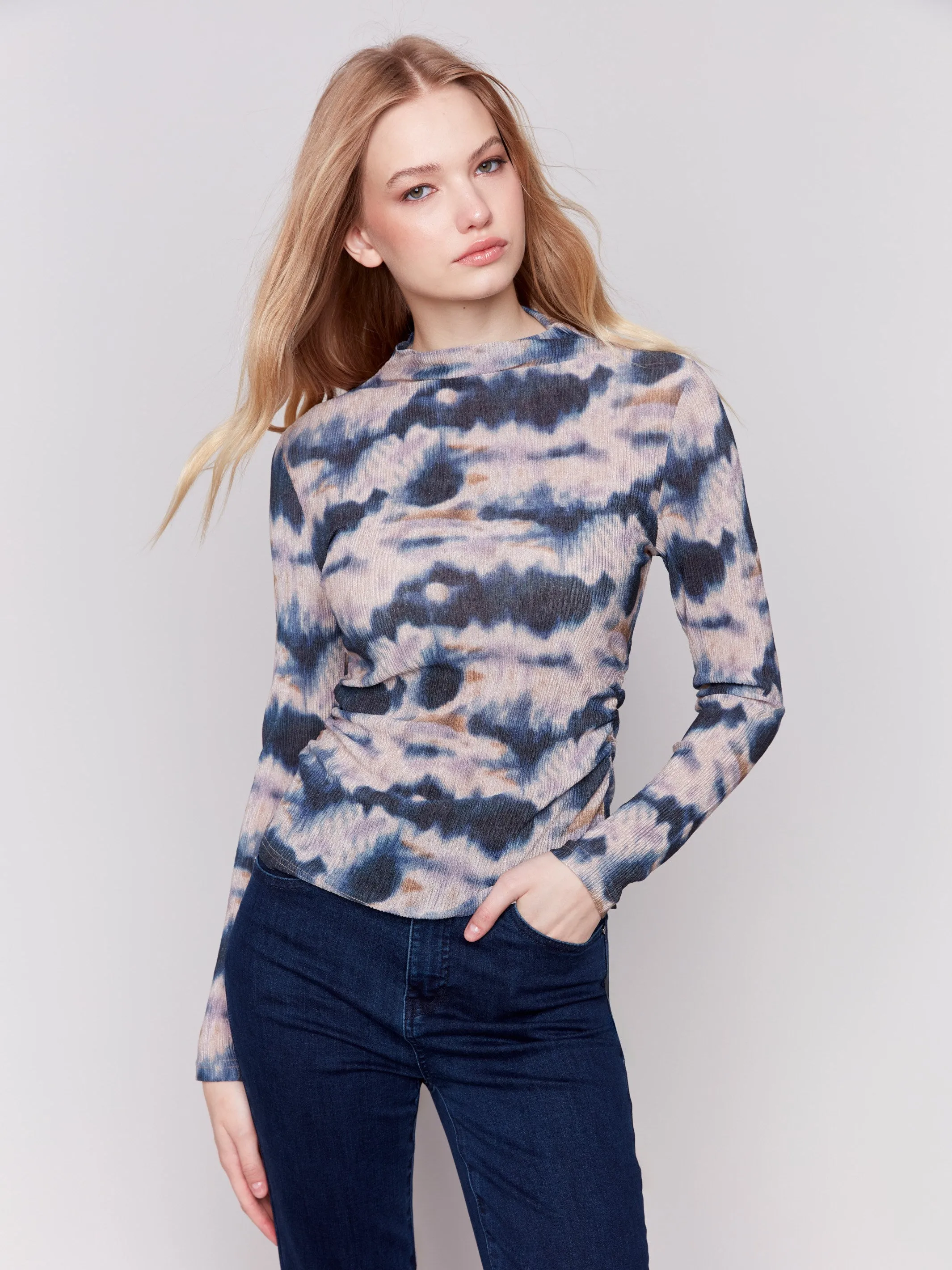 Printed Ruched Mock Neck Top - Tie Dye