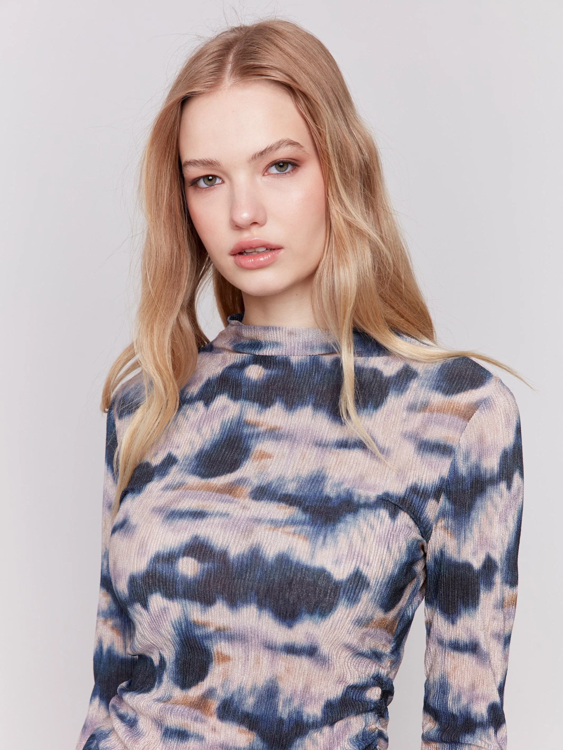 Printed Ruched Mock Neck Top - Tie Dye