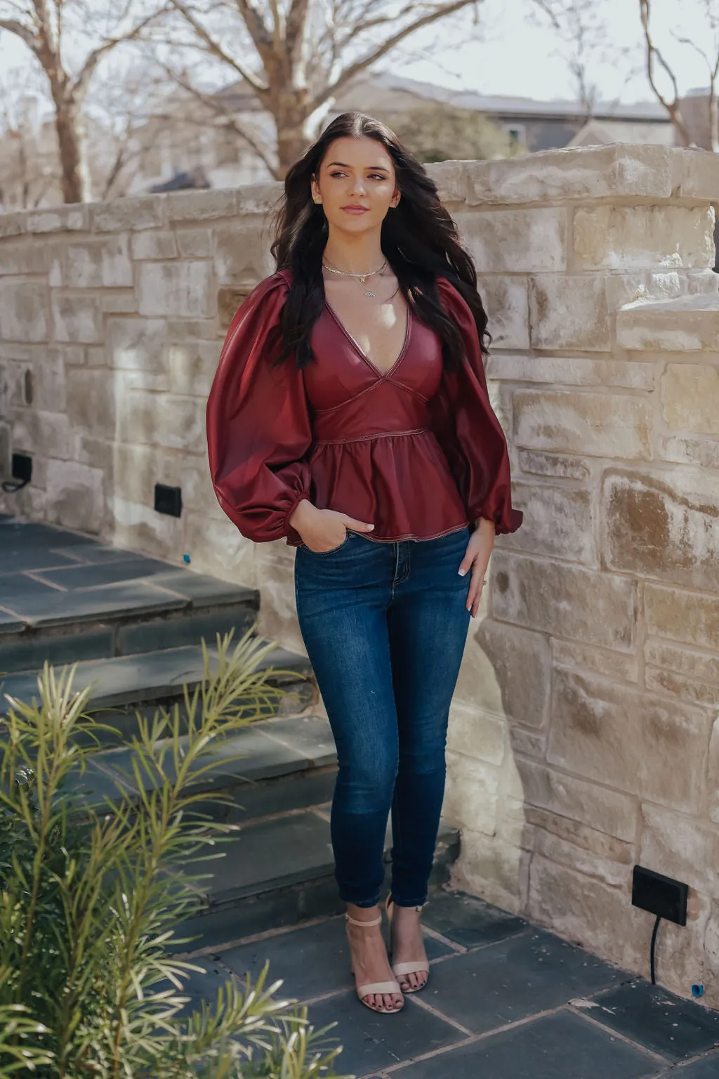 Red Leather Peplum Top