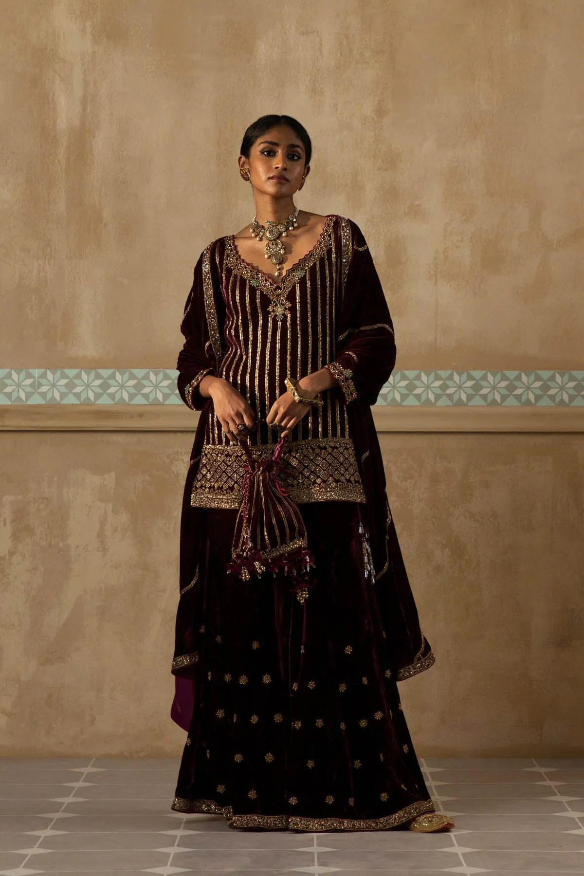 Silk Velvet Stripe Sequinned Gharara Set-RTS