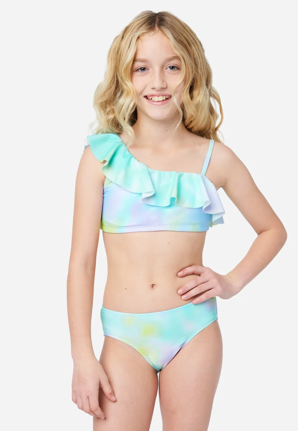 Tie-Dye Ruffle Asymmetrical Bikini Swim Set