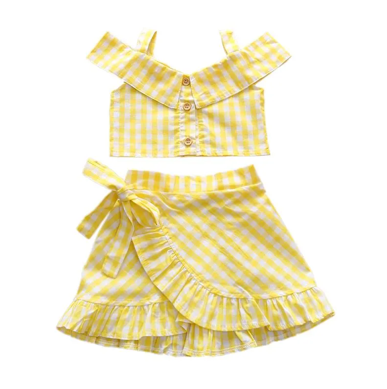 Yellow Plaid Top And Skirt Set