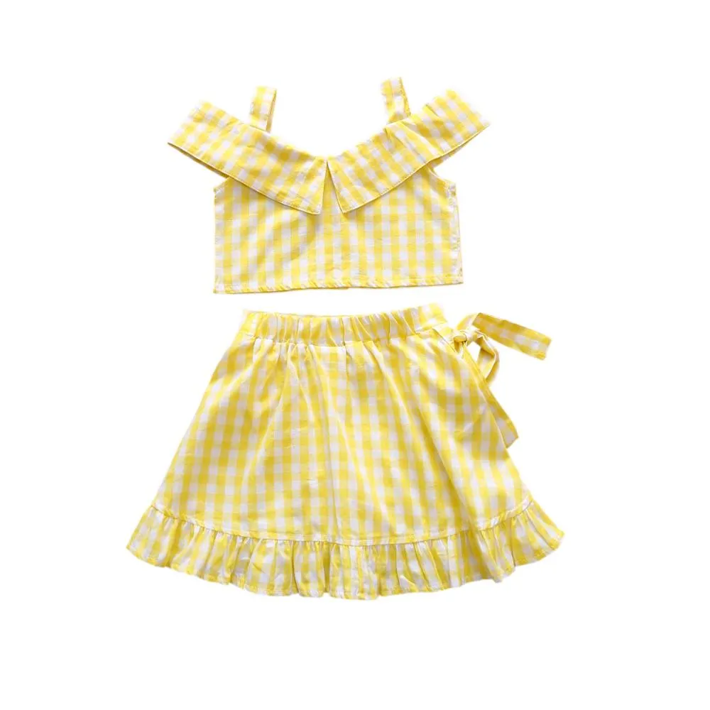 Yellow Plaid Top And Skirt Set